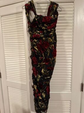 Black Floral Ruched Evening Dress with Red & Gold Accents